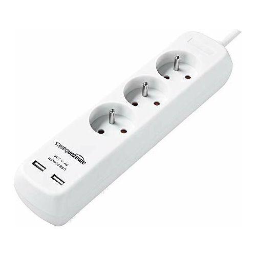 Amazon Basics Three Socket Extension Lead with 2 USB Charging Ports, 2 Metre, White 0