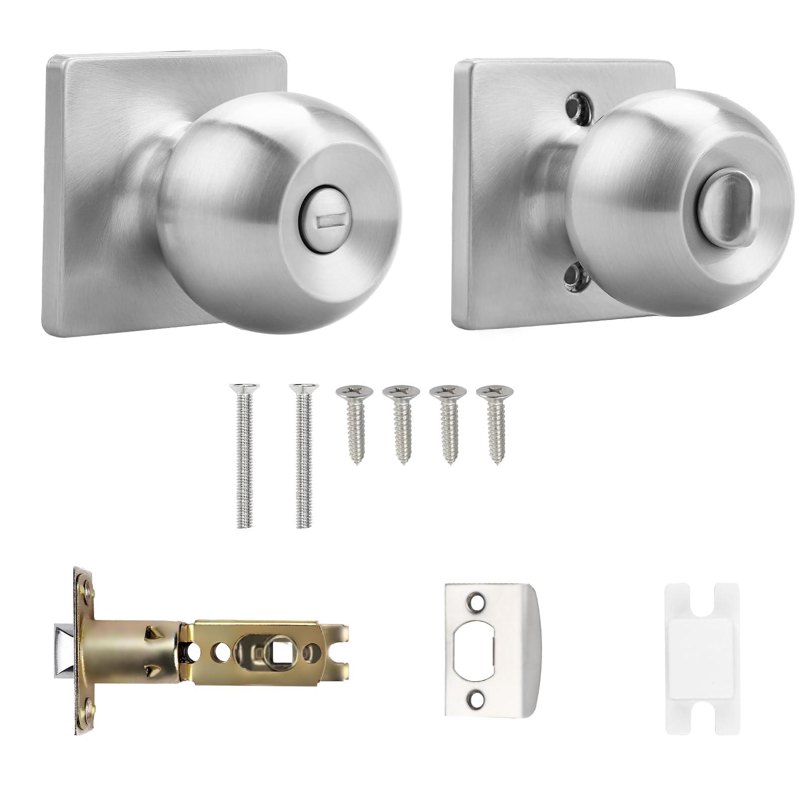 Probrico Privacy Locking Door Knobs, Satin Nickel Knobs, Interior Knobs with Keyless Lock for Bedroom and Bathroom Doors, with Square Rose, 1 Pack 1