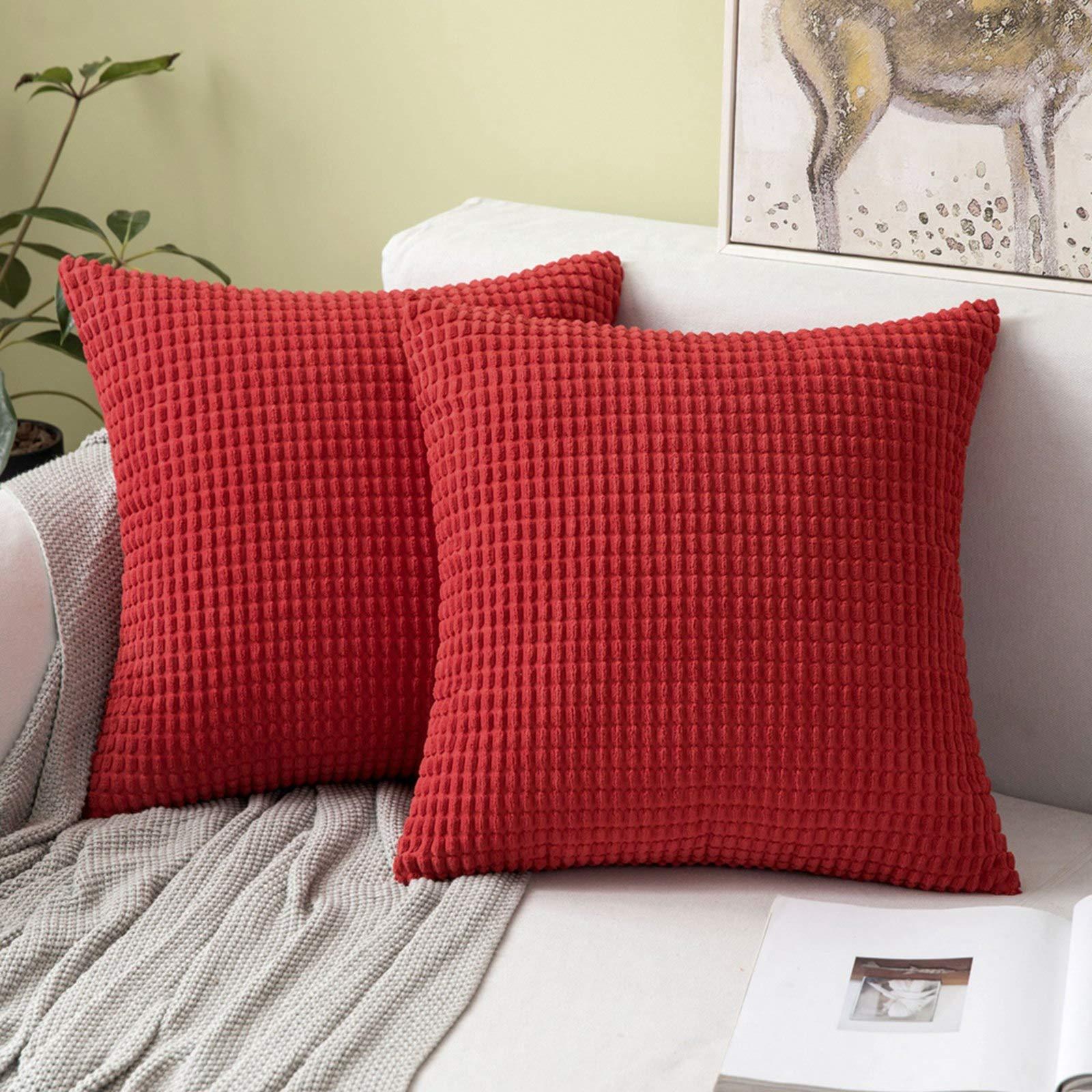 MIULEE Set of 2 Cushion Covers Cushions Decorative Corduroy 24x24 Inches, 60cm x 60cm Striped Solid Square Throw Pillow Cases for Sofa Couch Home Bedroom Red 0