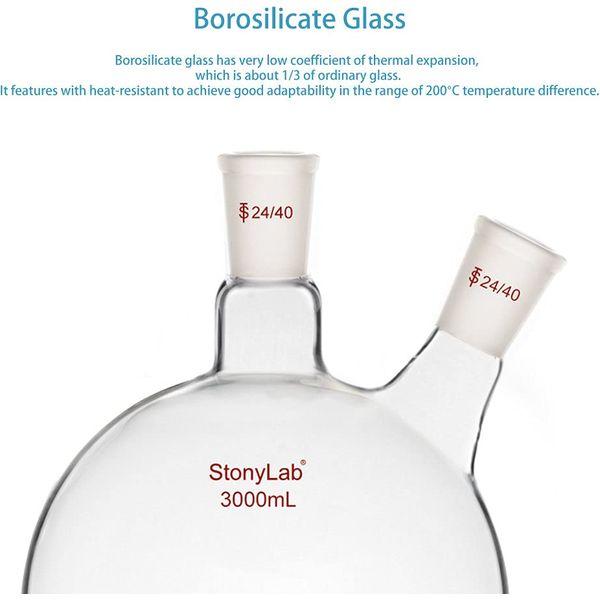StonyLab Glass 3000ml Heavy Wall 2 Neck Round Bottom Flask RBF, with 24/40 Center and Side Standard Taper Outer Joint (3000ml) 2