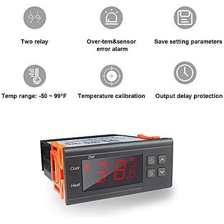 KETOTEK Temperature Controller STC1000, Digital Thermostat Dual Relay AC 220V Temperature Calibration with NTC Sensor Probe, Freezer Incubator Heating Cooling 2