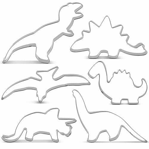 KENIAO Dinosaur Cookie Cutters Set for Kids - 6 Piece - T-Rex, Triceratops, Stegosaurus, Brontosaurus, Pterodactyl and Baby Dinosaur Cutter - Stainless Steel 0