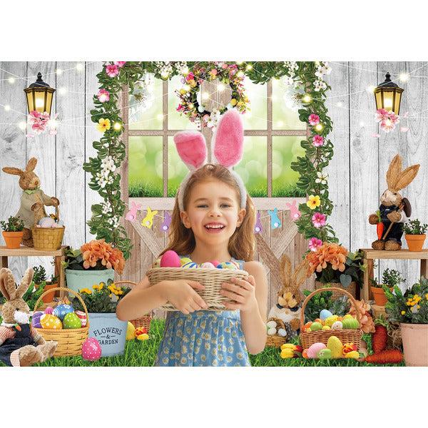 Spring Easter Barn Backdrop 8x6FT Garden Floral Rabbit Eggs Green Grass Rustic Wooden Photography Background Easter Party Decoration for Baby Shower Baby Portrait Photo Booth Props 1
