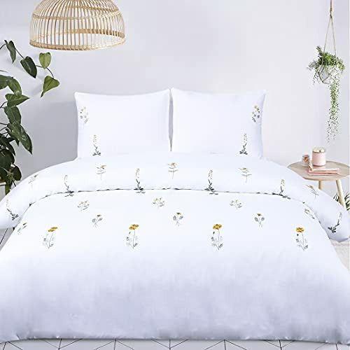 Floral Duvet Cover Set Double White Yellow Flower Embroidered Elegant Botanical Wildflower French Country Cottage Fresh Summer Blossom 3 Pieces 200x200 Girls Bedding Set 2
