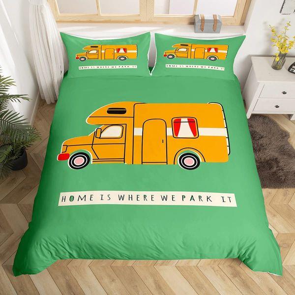 Homewish Cartoon Rv Car Comforter Cover 2 Piece Toy Car Print Duvet Cover For Boys Girls Kids Happy Rv Camping Bedding Set Single,Motorhome Accessories For Inside Yellow Green Bedding,Breathable 0