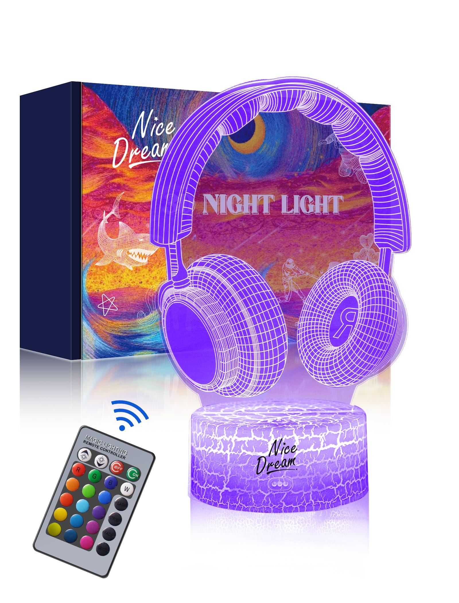 Nice Dream Headphones Night Light for Kids, 3D Illusion Night Lamp, 16 Colors Changing with Remote Control, Room Decor, Gifts for Children Boys Girls