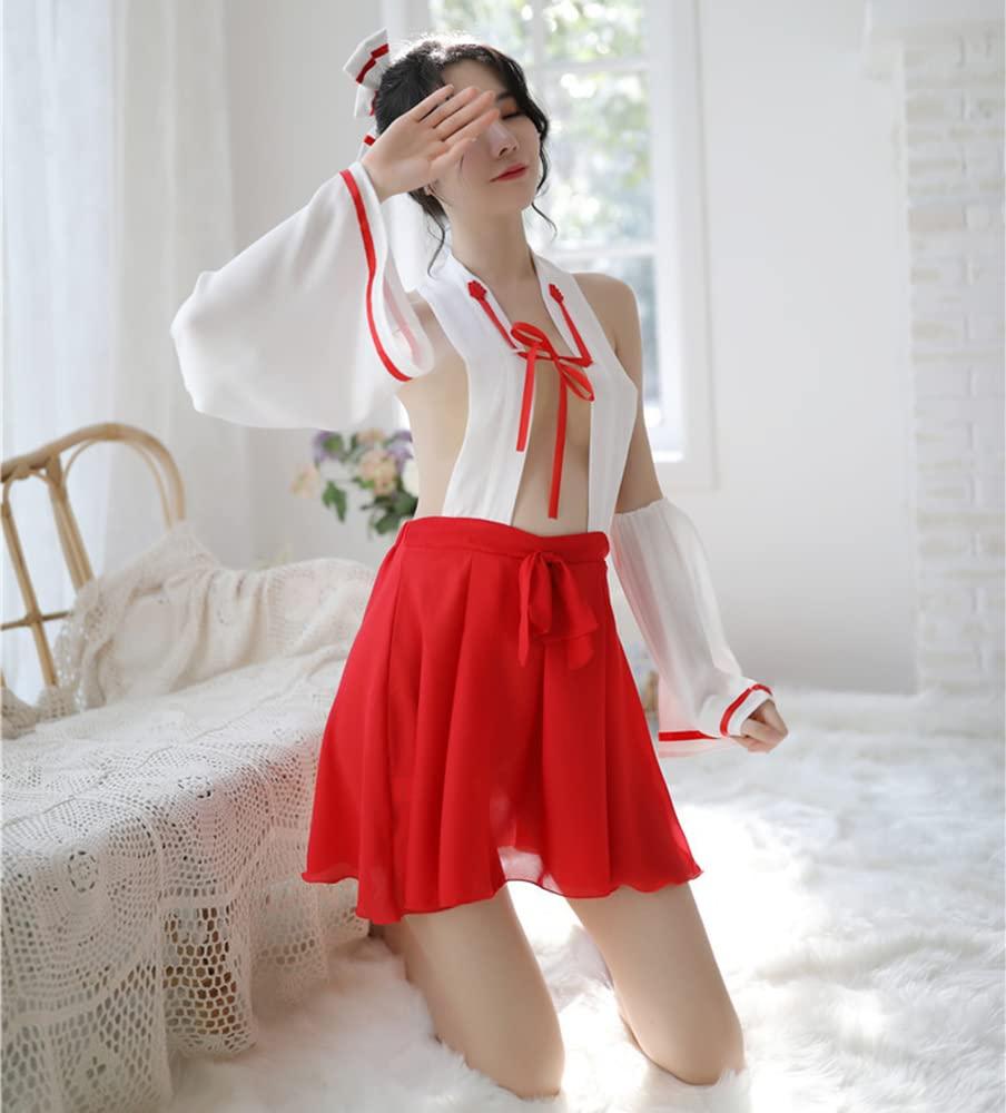 SINROYEE Lady's Japanese Anime Cosplay Outfit Witch Dress Costume Sexy Witch Lingerie For Women Naughty Sexy Kimono (White+red#2) 1