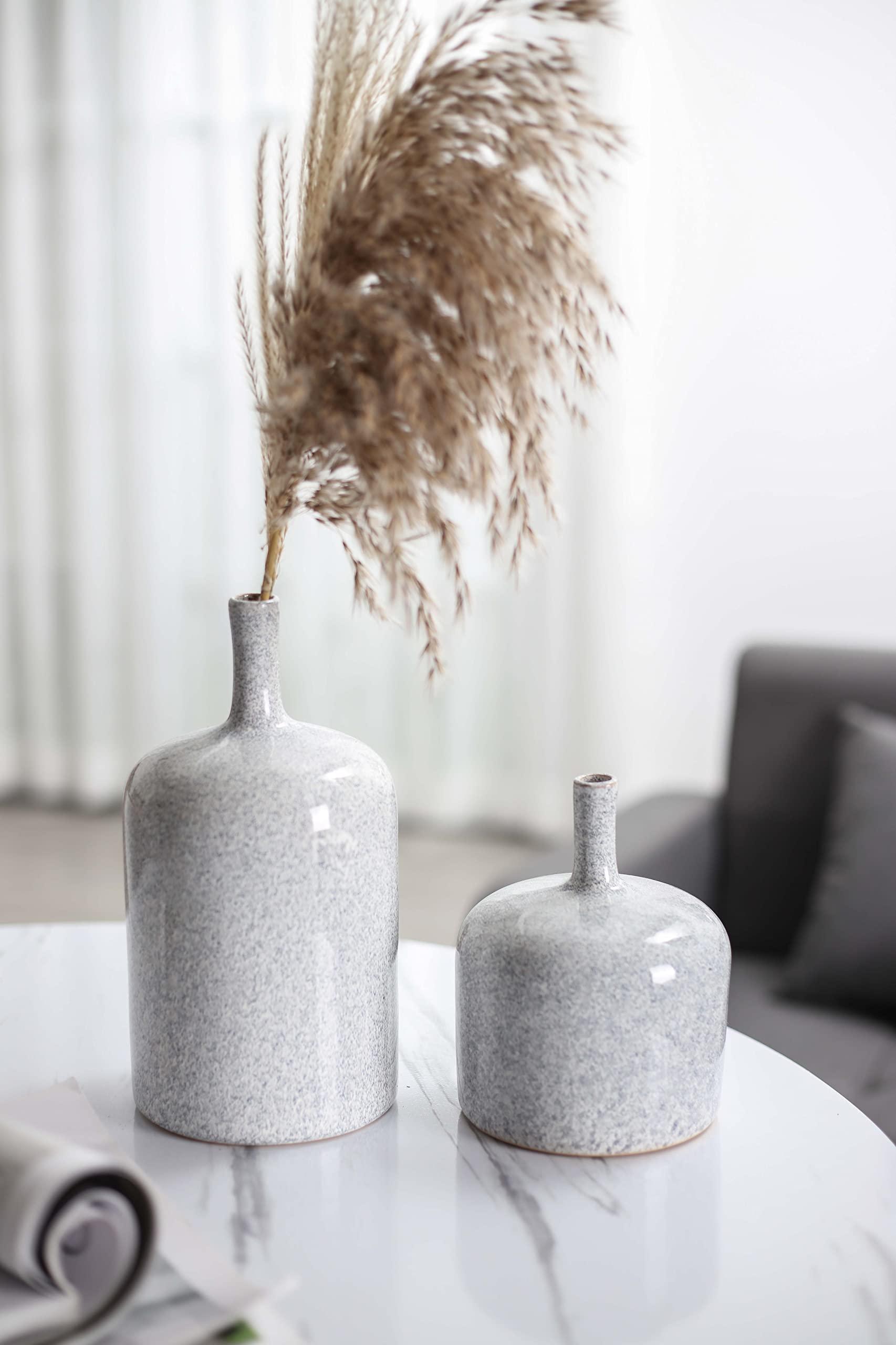 TERESA'S COLLECTIONS Vase for Flowers, Set of 2 Grey White Modern Ceramic Vase for Gifts, Decorative Pottery Glazed Stoneware Vases for House Decoration Living Room Bedroom,16cm & 25cm 2