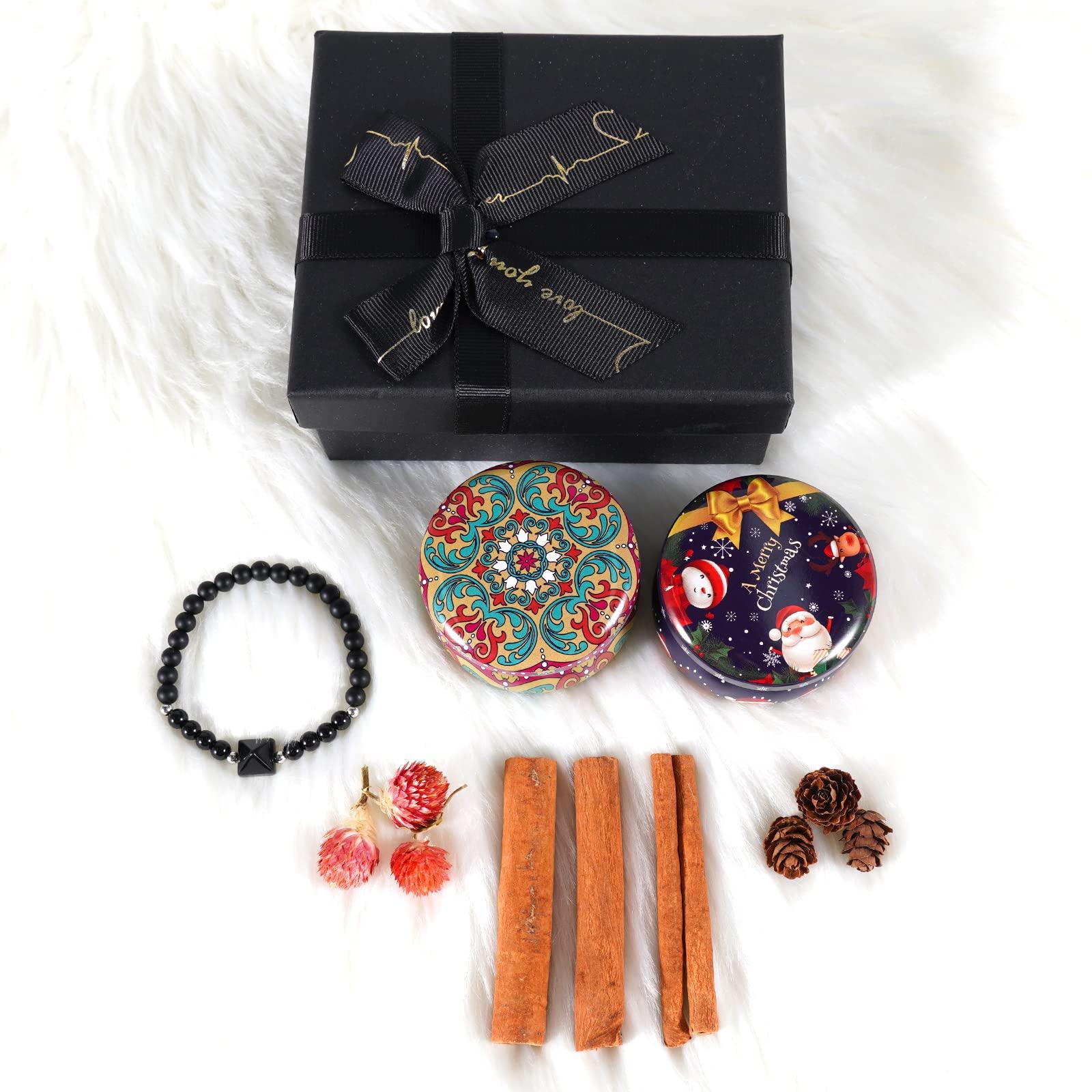 Soulnioi Scented Candle Gift Set: 2pc Soy Wax Tin Candle (Orange+Lime) with DIY Kit(Cinnamon,Pine Cone,Dried Flowers), 1pc Obsidian Beaded Yoga Bracelet, Gift for Home Fragrance Aromatherapy 1