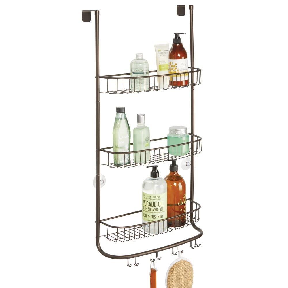 mDesign Over Door Shower Caddy - Hanging Shower Shelves with Storage Hooks - 3 Hanging Shower Baskets and 4 Double-Hooks for Organising Shower Accessories - Bronze 0