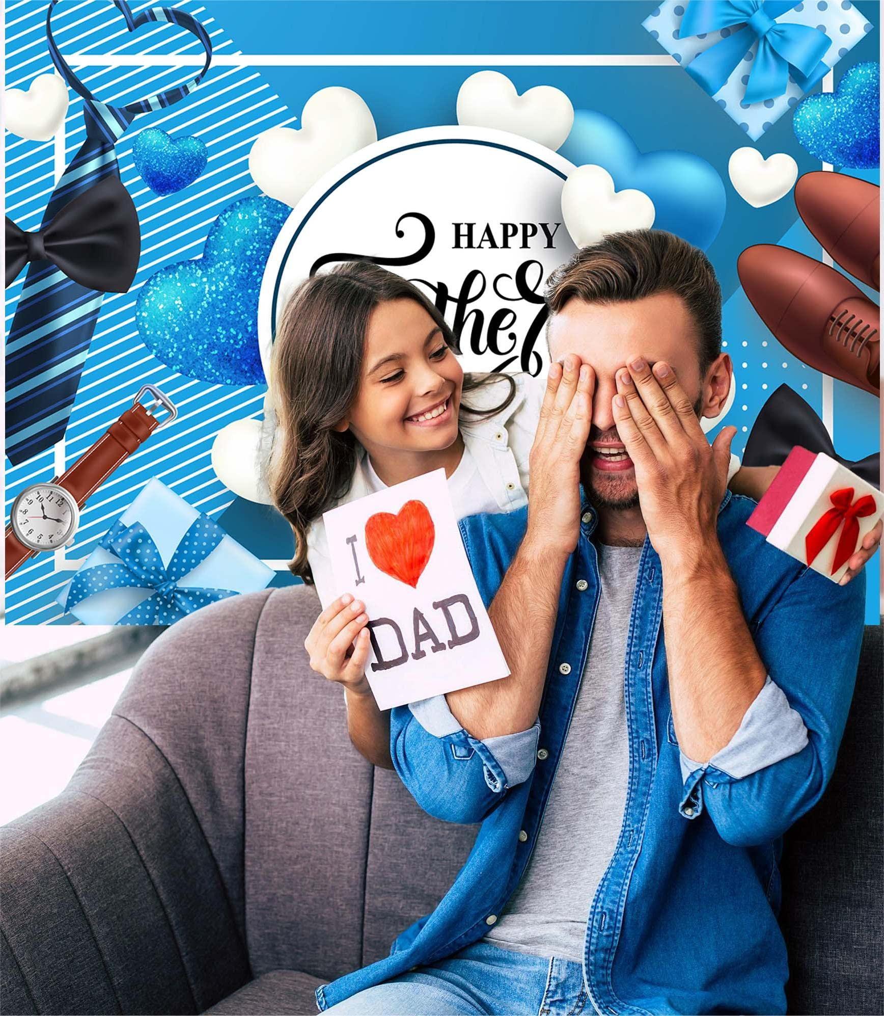 Happy Father's Day Backdrop Blue White Heart Stripe Tie Father's Day Party Background I Love Dad Thank You Daddy Man Festival Family Photography Decoration Supplies 7x5FT 2