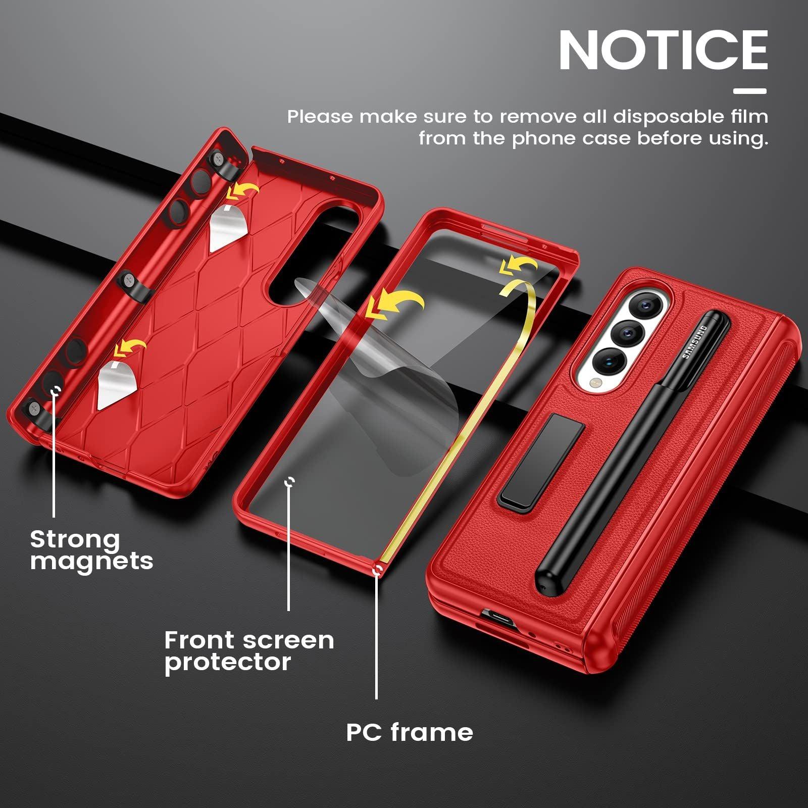 HWeggo for Samsung Galaxy Z Fold 4 Case with S Pen Holder and Kickstand,Samsung Z Fold 4 Case with Front Screen Protector,Hard PC Shockproof Anti-Scratch Hinge Coverage Protective Cover(Red) 3