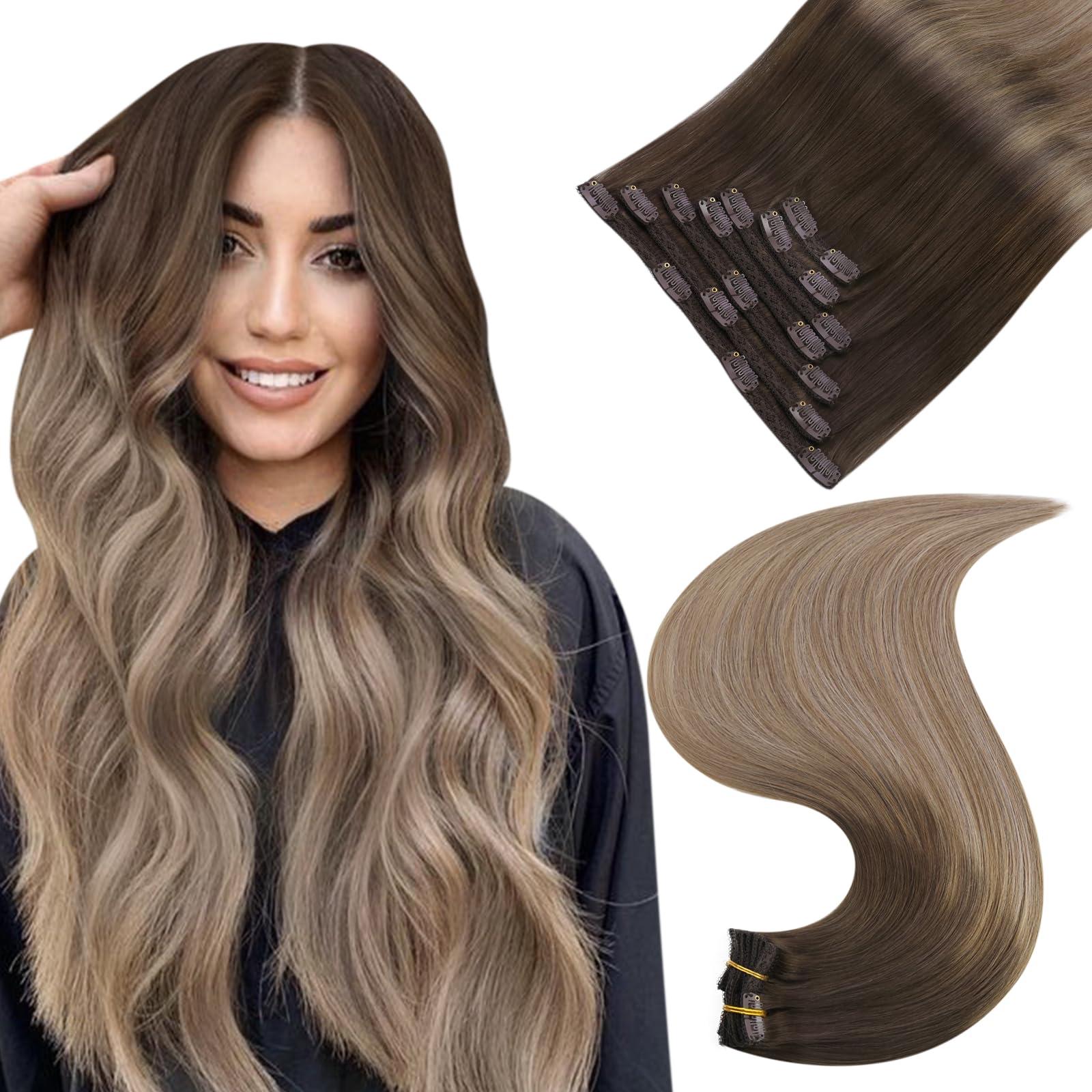 Easyouth Clip in Hair Extensions Human Hair Clip in Extensions Balayage Brown to Blonde Clip in Real Hair Extensions Double Weft Clip in Ombre Hair 18 Inch 7Pcs 120g