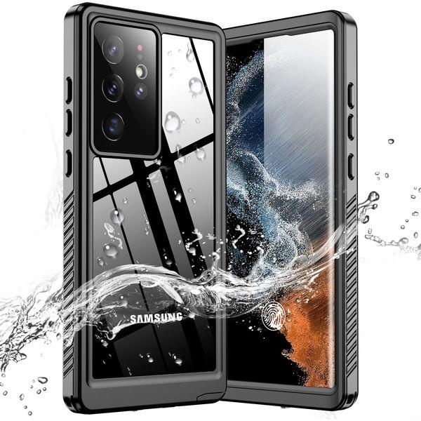 Temdan for Samsung Galaxy S22 Ultra Case,IP68 Waterproof Case with Built-in Screen Protector,Full Body Heavy Duty Shockproof Dustproof Snowproof Clear Case for S22 Ultra 5G 6.8 Inch(Black Clear)