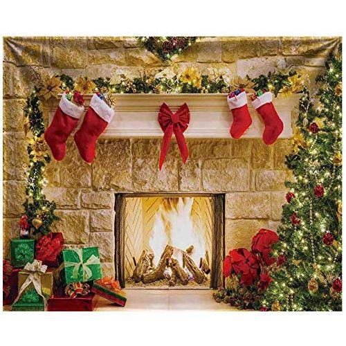 Allenjoy 10x8ft Christmas Fireplace Gift Xmas Party Photography Backdrop Winter Stove Sock for Pictures Decorations Durable Fabric Background Photo Studio Props