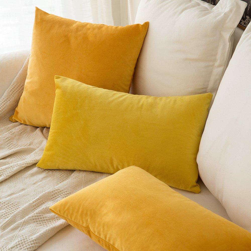 MIULEE Velvet Soft Soild Microfiber Decorative Square Pillow Case Throw Cushion Cover for Sofa Bedroom with Invisible Zipper Lemon Yellow 12"x20",2 Pieces 3