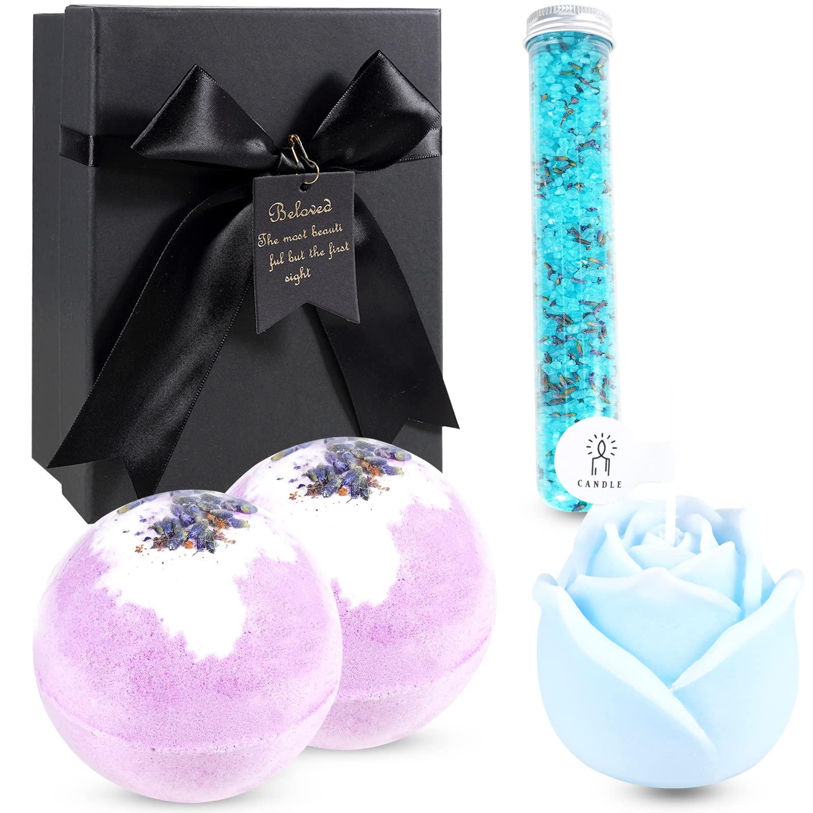 Soulnioi Bath Set for Women Gifts Self Care Gift Set with Dried Flower Lavender Bubble Bath Bombs Blue Dried Sea Bath Salt Blue Rose Scented Candle for Anniversary Birthday Bath Gifts 0