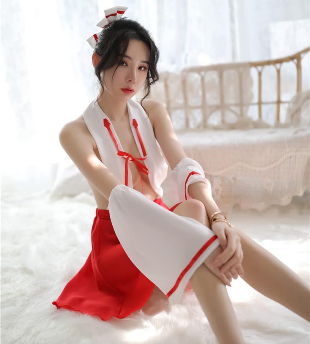 SINROYEE Lady's Japanese Anime Cosplay Outfit Witch Dress Costume Sexy Witch Lingerie For Women Naughty Sexy Kimono (White+red#2) 3