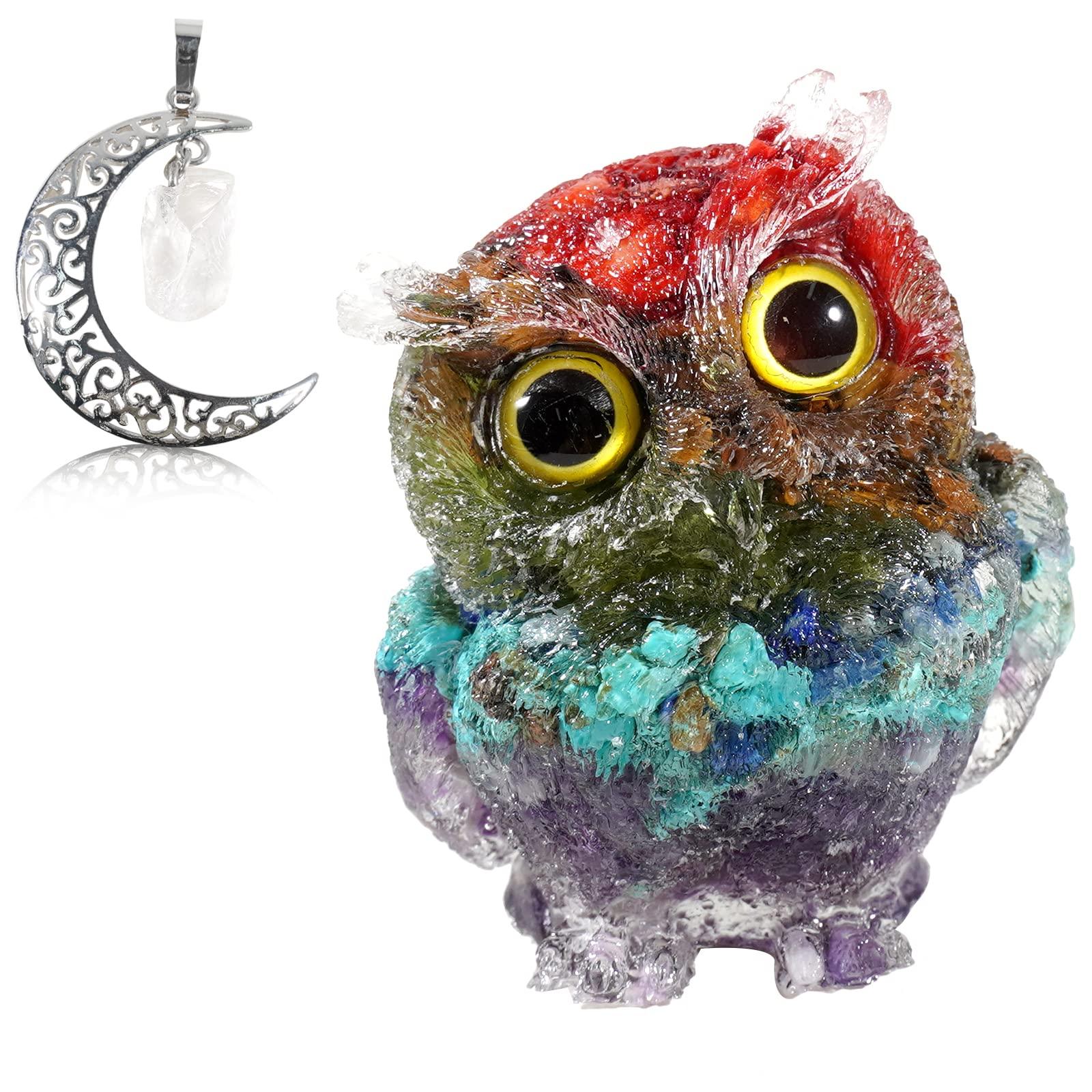 Soulnioi Gemstone Moon Necklace Antique Silver Plated Crystal Necklace Pendant (Rose Quartz) , Crystal Owl Statue Ornament Resin Chip Stones Figurine for Home Office Decor(Colored)