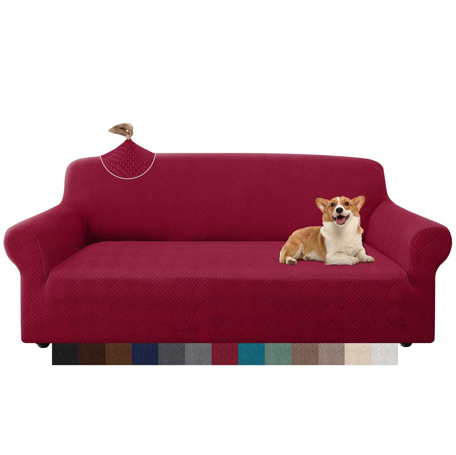 Granbest Stylish Rhombus Thick 3 Seater Sofa Cover Elastic Fashion Fabrics Couch Cover Non-Slip Furniture Protector for Kids Pets Living Room (3 Seater, Wine Red)