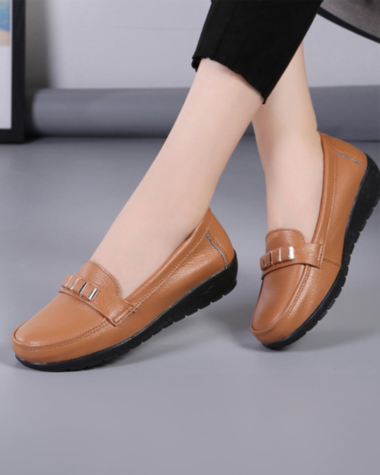 Womens Loafers Wedge Heels Soft Nursing Shoes Breathable Flats Comfy Slip-on Fashion Party Court Shoe Cowhide Loafers Brown 3