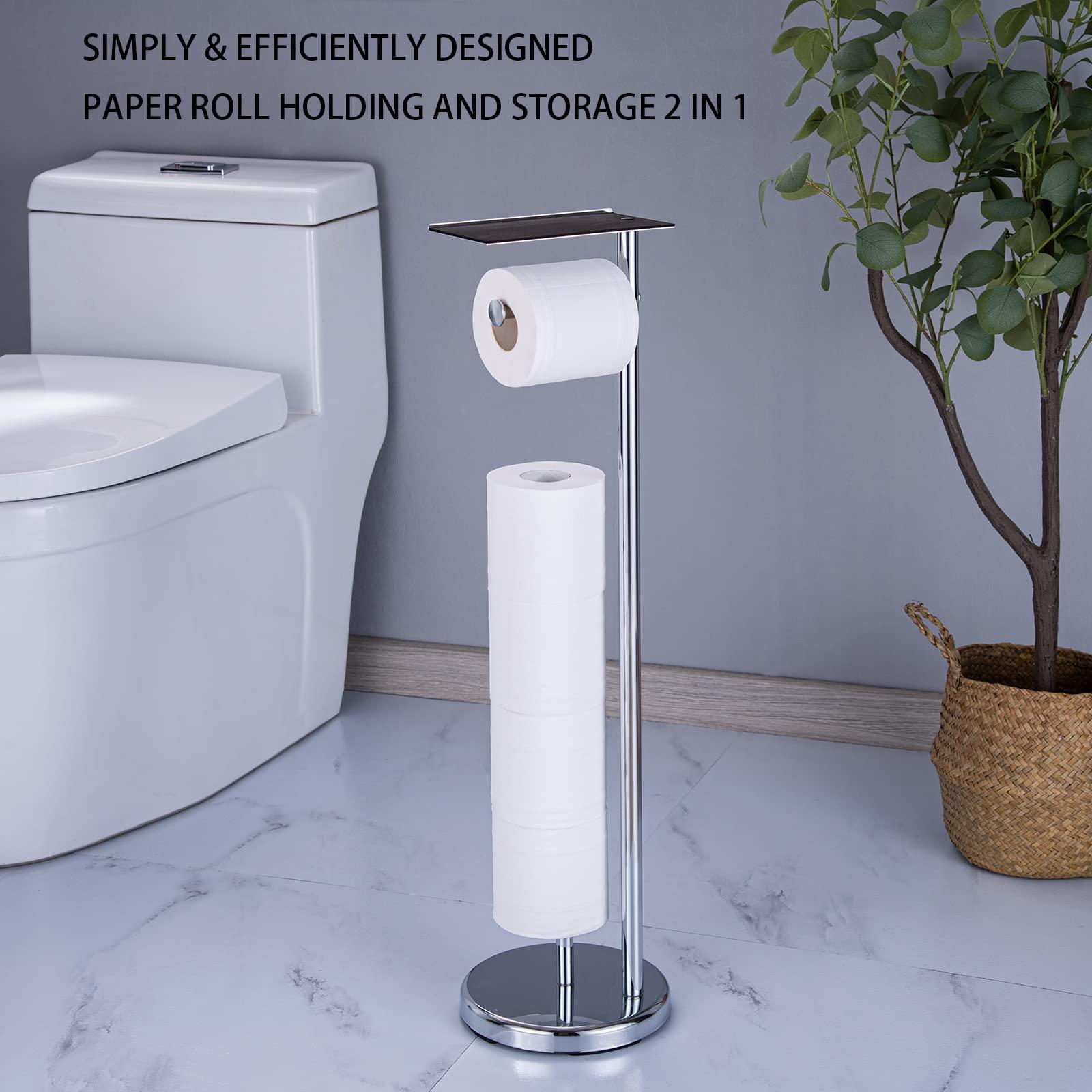 Toilet roll holder free standing Chromed with Heavy Floor,Toilet Paper Storage,Two-in-one Toilet Paper Holder with Spacious Shelf for Kitchen and Bathroom,Stainless Steel Chromed 1