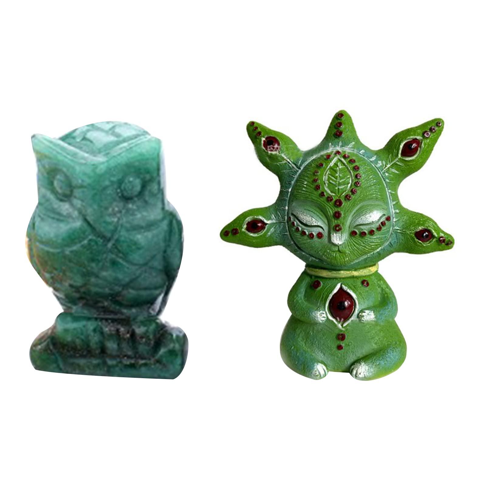Soulnioi Three-Eyed Cartoon Alien Outdoor Garden Figurine Ornaments Resin Ornaments and Green Crystal Carved Owl Carving Ornament, Home Outdoor Decoration Figurines Gift