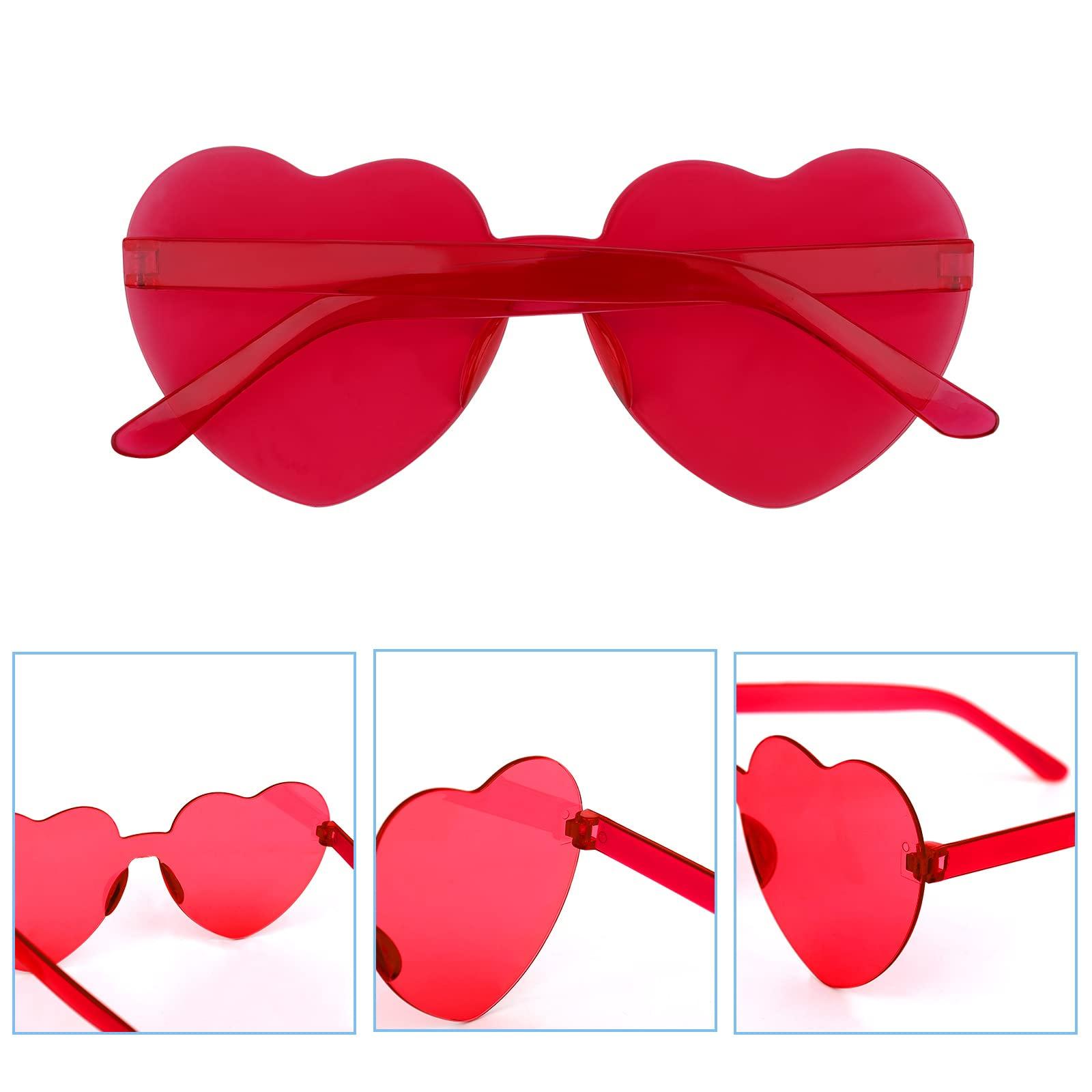 KINBOM 4pcs Heart Shaped Rimless Sunglasses, Transparent Candy Color Frameless Sunglasses Heart Sunglasses for Women Girls at Pool Birthday Party (Black, Tawney, Red, Green) 2