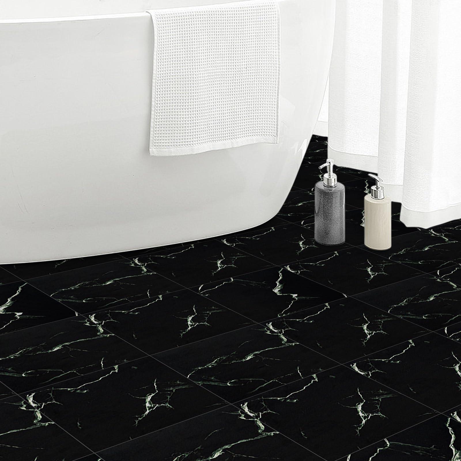 Elffloor Floor Tiles Self Adhesive Vinyl Flooring, Peel and Stick Floor Tiles, Bathroom Waterproof Vinyl Floor Tiles Stick on Kitchen Living Room Marble Effect Black 30x30cm 10pcs 1mm 0