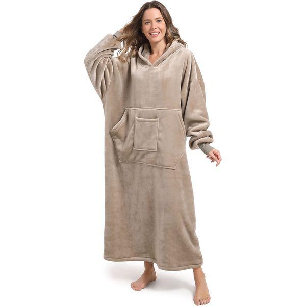 FUSSEDA Oversized Wearable Blanket Sweatshirt,Super Thick Warm Fleece Sherpa Cozy Blanket Hoodie with Pockets&Sleeves for Adult Kids Brown 0