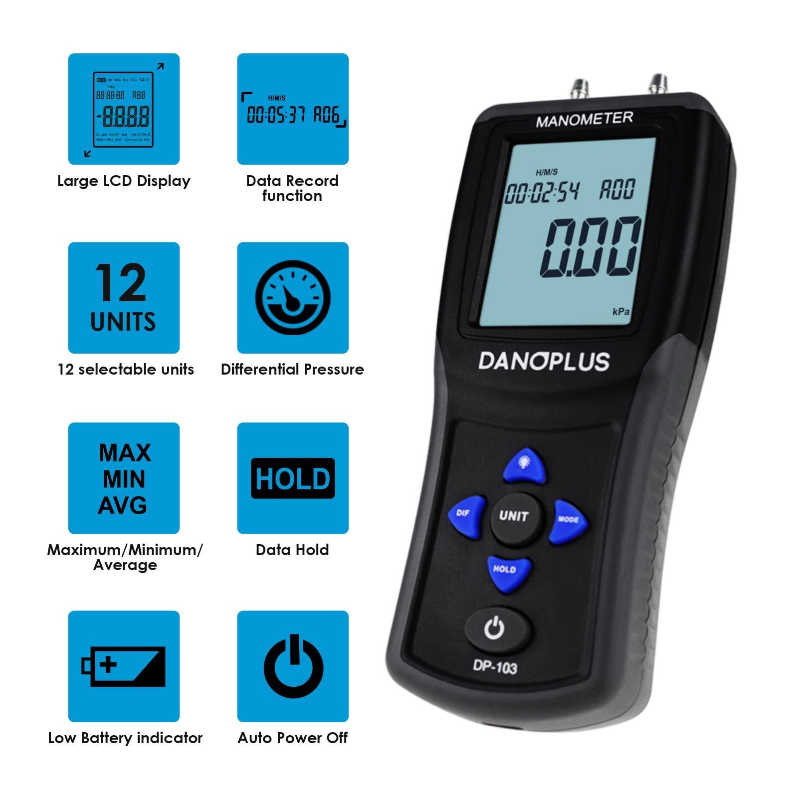DANOPLUS DP-103 Manometer Digital Gas Pressure Tester Differential Pressure Gauge HVAC Air Pressure Meter with Backlight Data Record Function,Black 1