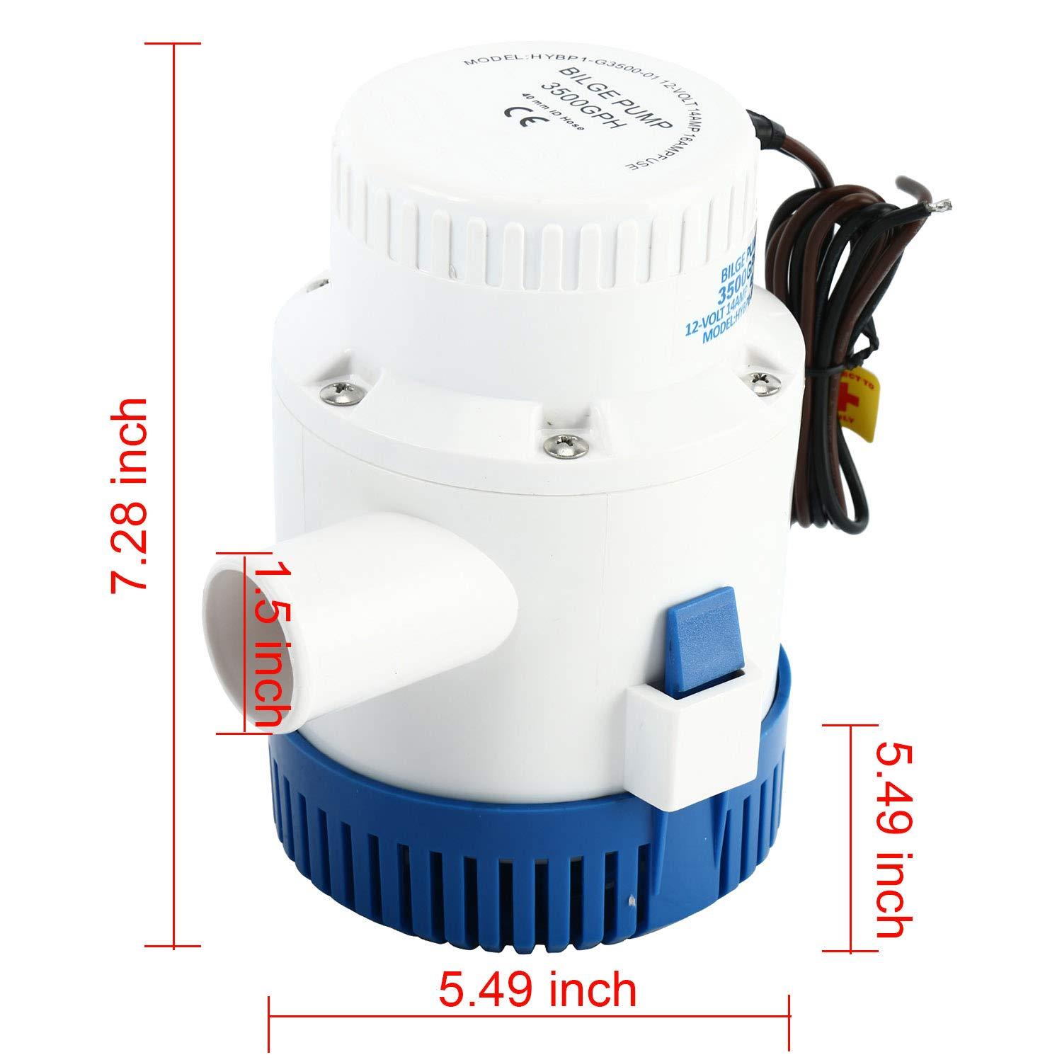 DasMorine 3500 GPH 12v Boat Marine Plumbing Electric Bilge Pump 1 1/2"(40MM) Outlet 12 AMP 15 AMP Fuse 1