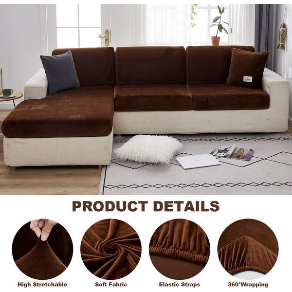 EURHOWING Stretch Velvet Couch Cushion Covers for Sectional Sofa L Shape,Sectional Sofa Cover Soft Slipcover Replacement for L Shaped Sofa with Elastic Edge,Washable(2-Seater Cover,Brown) 4