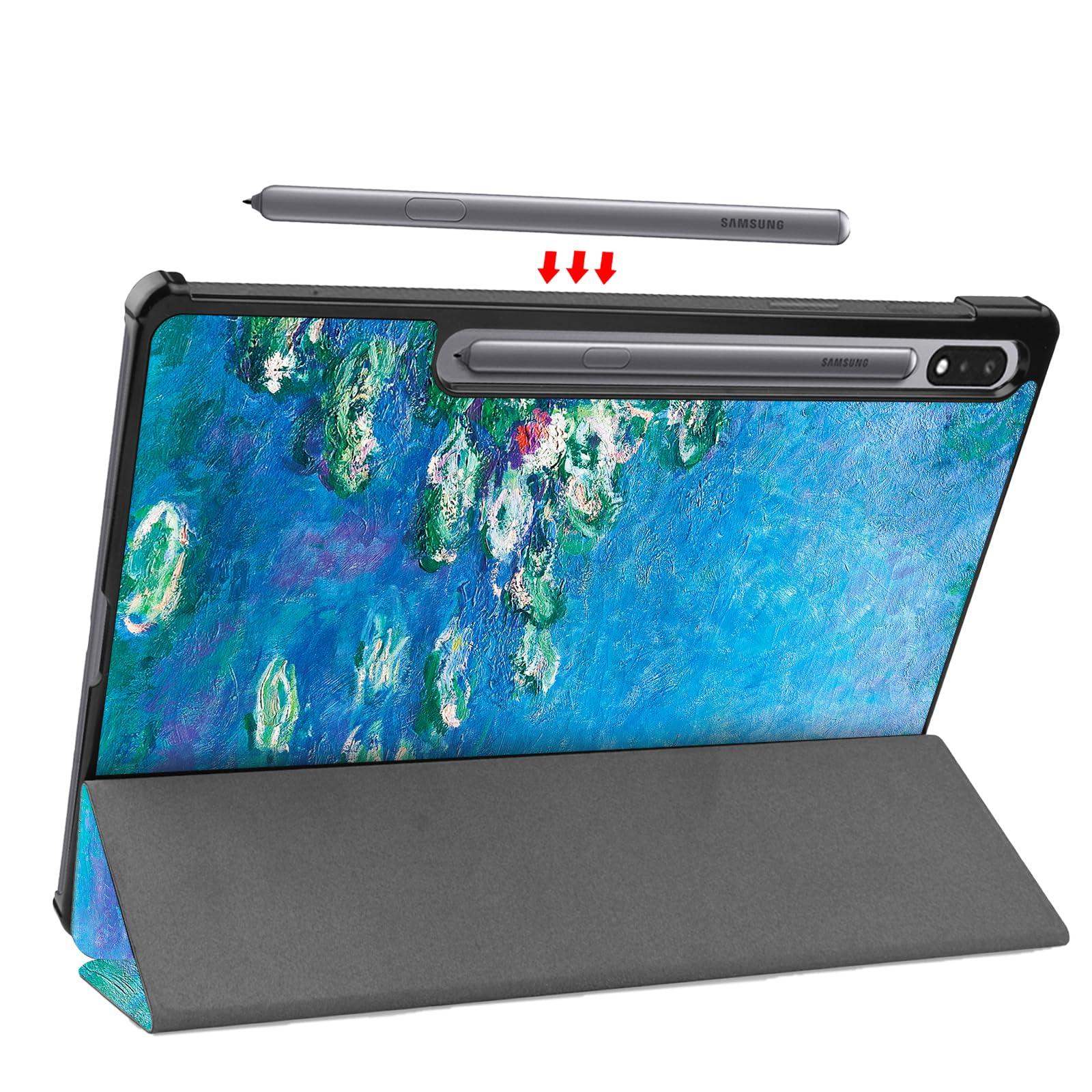 Berkin Arts Samsung Galaxy Compatible with Tab S8 Ultra Case 14.6 inch Model SM-X900/X906 Tri-Fold Stand Cover Cloisonnism Teal Blue Flower Floral (Waterlilies by Monet) 4