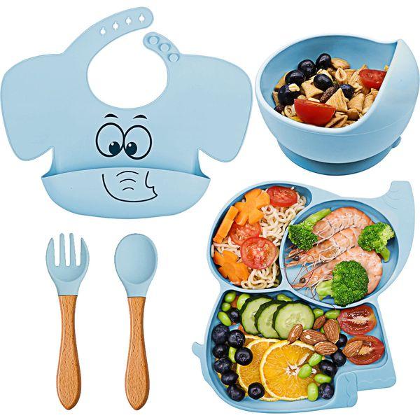 FILOWA Baby Feeding Set, 5 in 1 Silicone Weaning Set for Babies with Suction Plate, Suction Bowl, Spoon and Fork, Adjustable Bibs Tableware Sets, BPA Free Cutlery Set for Toddler Boys, Blue Elephant