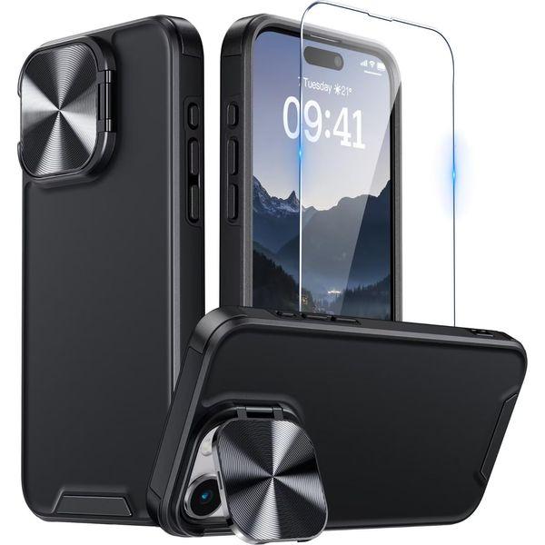 Buysing for iPhone 15 Pro Max Case with Camera Cover Stand [with Screen Protector] Invisible Metal Kickstand Military Grade Hard Matte Shockproof Phone Case 6.7"-Black 0