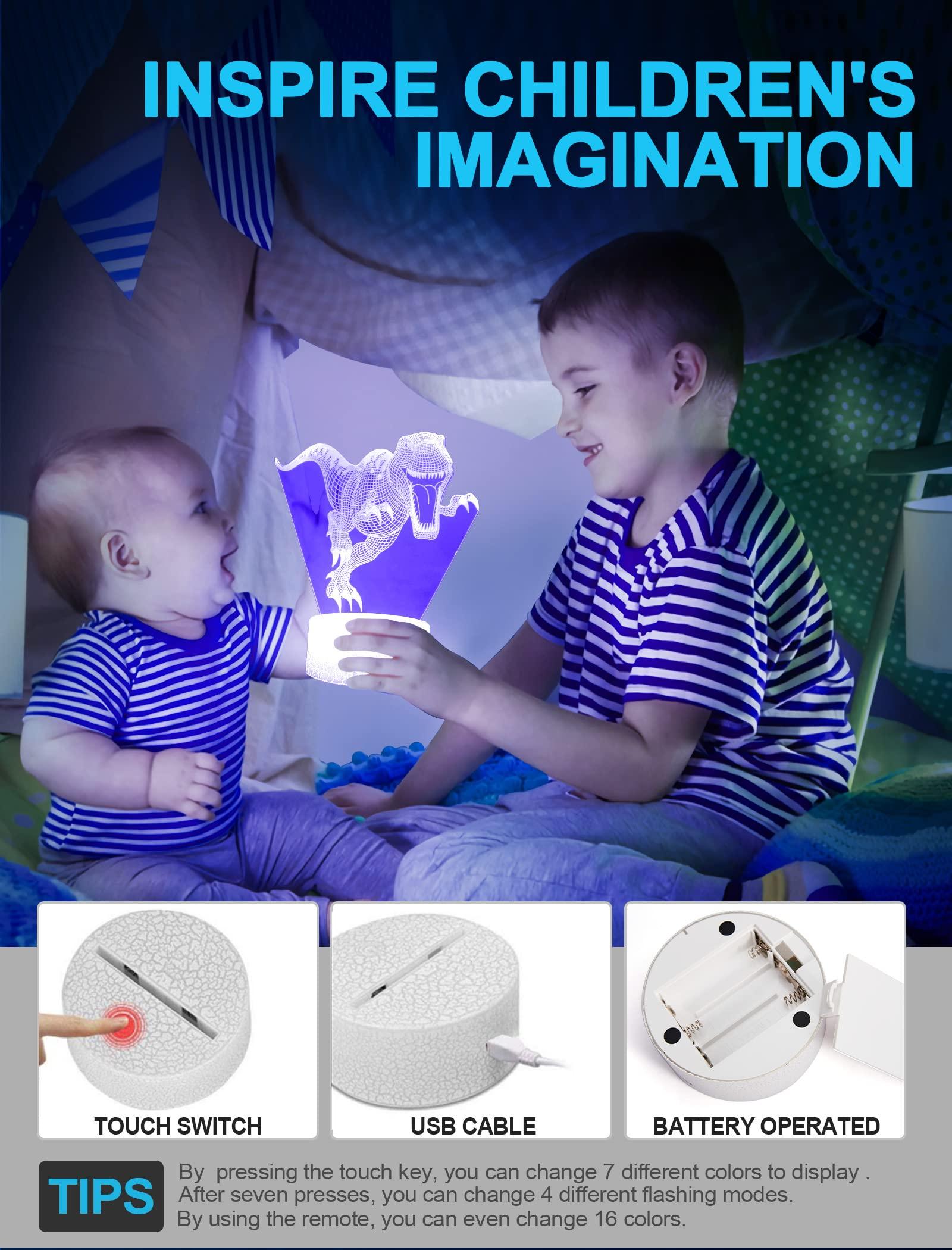 Dinosaur Night Light for Kids, Dinosaur Toys for Boys, 3D Optical Illusion Lamp, 16 Colour Changing Night Lamp with Remote Control Bedside Lamp, Birthday Gifts for Children and Adult 2