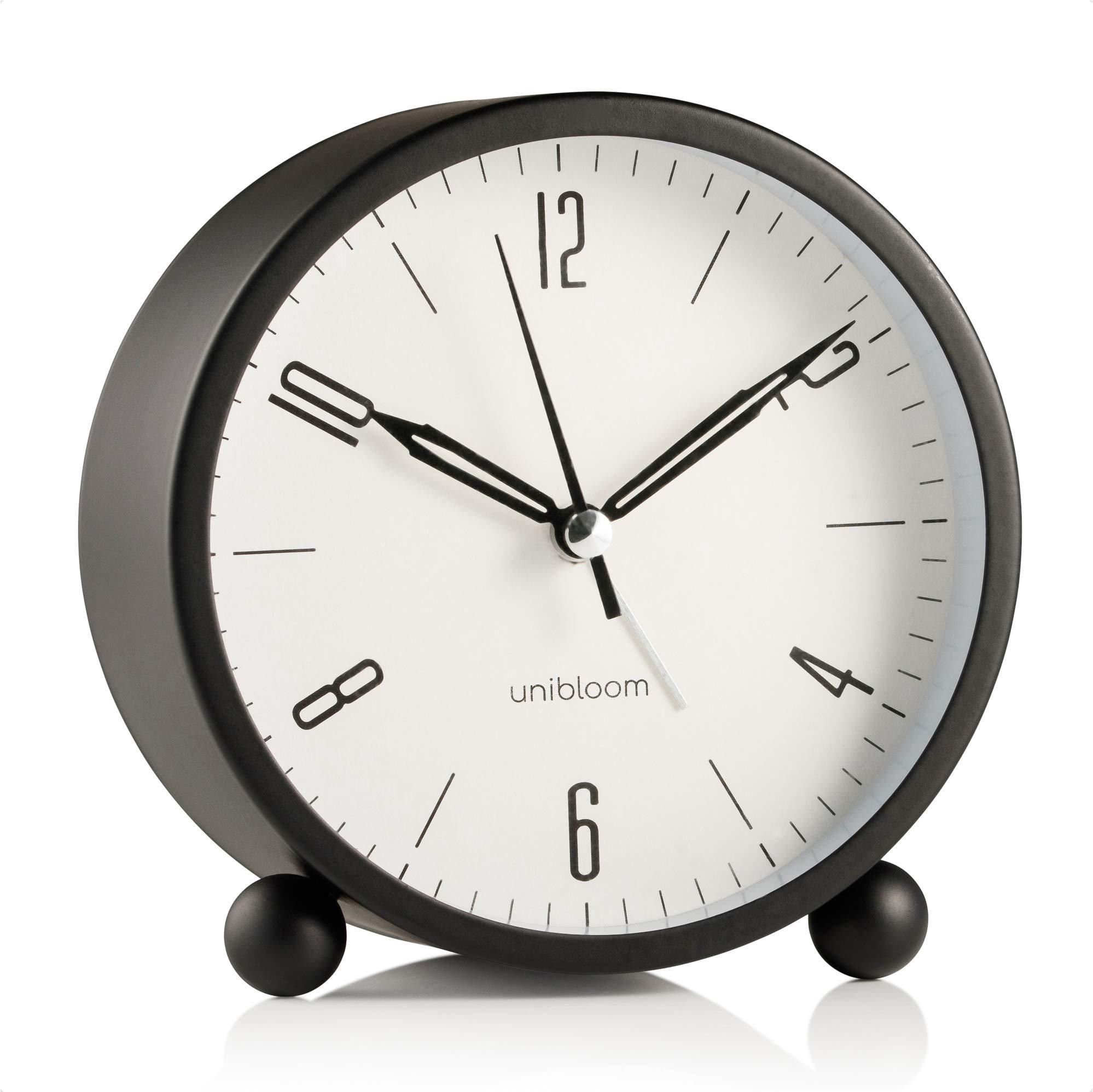 Unibloom Silent Alarm Clock - Non Ticking Analog Alarm Clocks with Warm Light - Minimalistic Round Metal Light Alarm Clock for Nightstand- Battery Operated Beautiful Bedside Clock