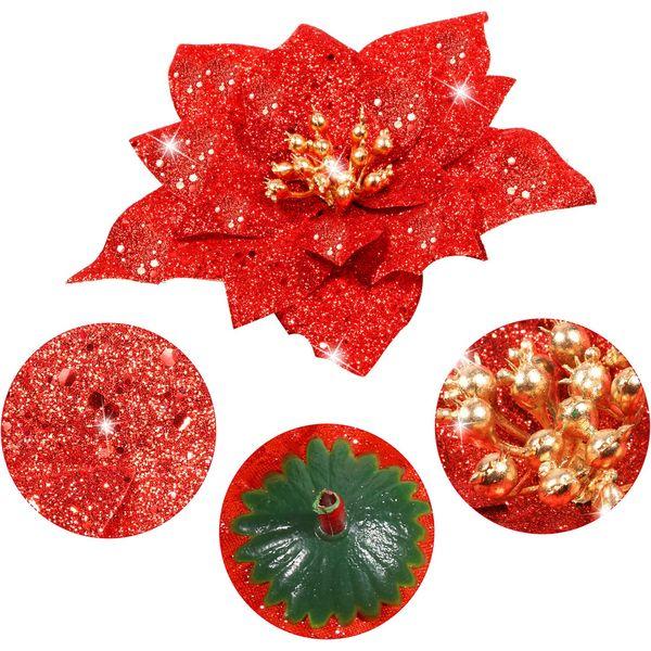 Boao 24 Pieces Glitter Poinsettia Artificial Christmas Flowers Poinsettia Decorations Wedding Christmas Tree Ornaments, 3/4/6 Inches (Red) 1