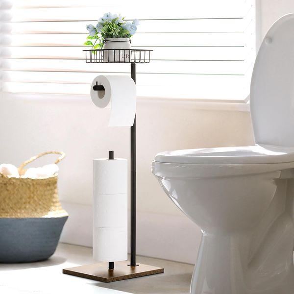 UOMIO Freestanding Toilet Roll Holder with Storage Bathroom Rustic Toilet Roll Stand Spare Paper Stand with Basket Metal Tube and Wooden Pedestal Toilet Waterproof Paper Rack Black 0