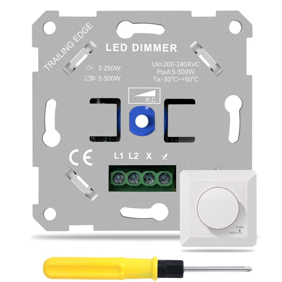 Acmerota LED Dimmer Switch 3-300W Flush-Mounted Rotary Dimmer SCR dimming for Dimmable LEDs 3-250W and Halogen 3-300W, On/Off Press with Memory Function, White