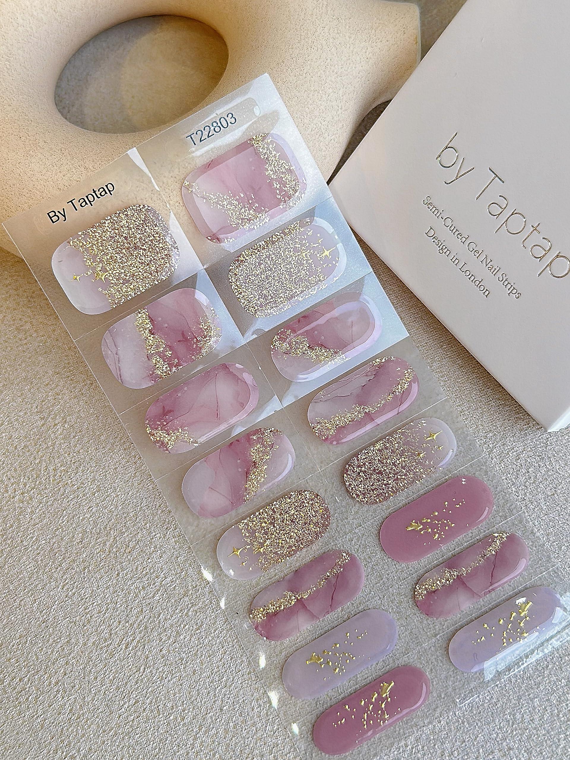 by Taptap London - Semi Cured Gel Nail Strips Pink Purple Marble Gold Glitter Ombre (Rose Quartz) 2