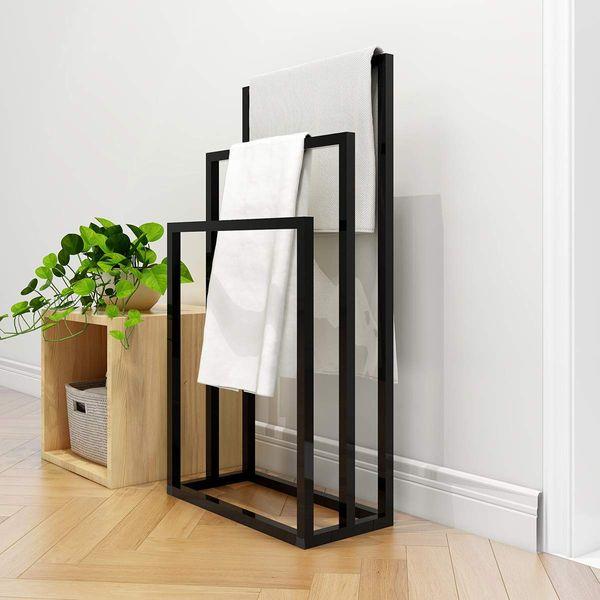 Metal Towel Bathroom Rack 3 Bars Freestanding Drying Shelf 3 Tier Storage Organizer Washcloths Holder (Black) 4