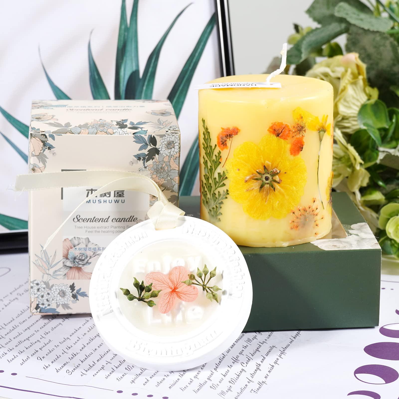 Soulnioi Aromatherapy Gift Set of Scented Candles Yellow Dry Flower Circular Column Shape Candle Aromatherapy Wax Tablet Oval Dry Flower Crystal Wax Wardrobe Hanging for Souvenir Birthday Women Gift 1