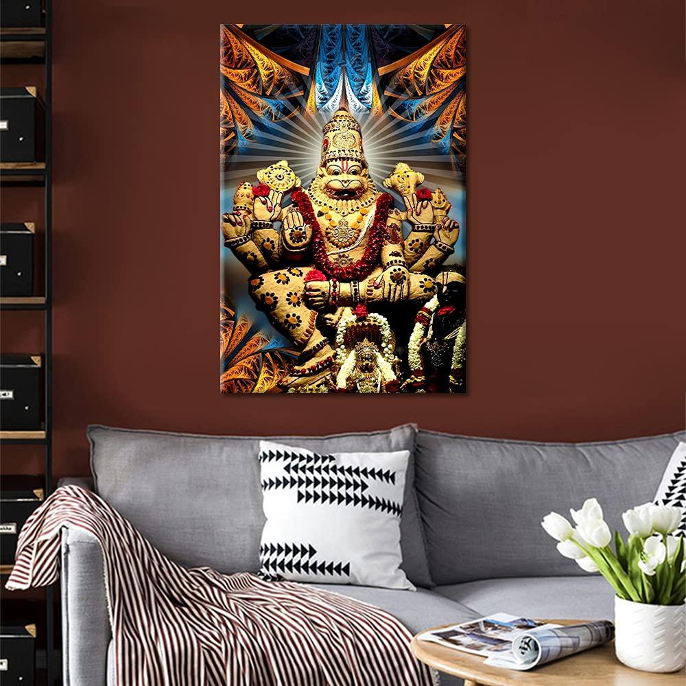 Living Room Wall Decorations Indian God Decor Narasimha Pictures for Bedroom 1 Piece Hinduism Cultural Canvas Wall Art Home Decor Framed Gallery-wrapped Stretched Ready to Hang (16''Wx 24''H) 2