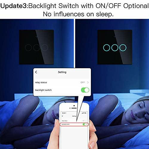 MOES WiFi RF433 Smart Touch Wall Switch No Neutral Wire Needed,Single Fire Smart Switch Smart Life/Tuya App,Compatible with Alexa and Google Home 1 Way Black,3 Gang 3