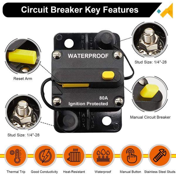 30A-300A AMP Car Circuit Breaker 12V-48V DC Waterproof Car Audio Inline Circuit Breaker with Manual Reset, Auto Circuit Breaker Fuse Holder for Car Audio Solar Inverter System Protection (70A) 1