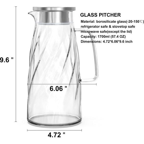 1.7 Liter Heat Resistant Borosilicate Glass Carafe - Iced Tea Pitcher - Lead-Free Borosilicate Glass Beverage Jug - Tea Pot Lemonade Dispenser ice Tea Coffee Milk and Juice Beverage Carafe 1