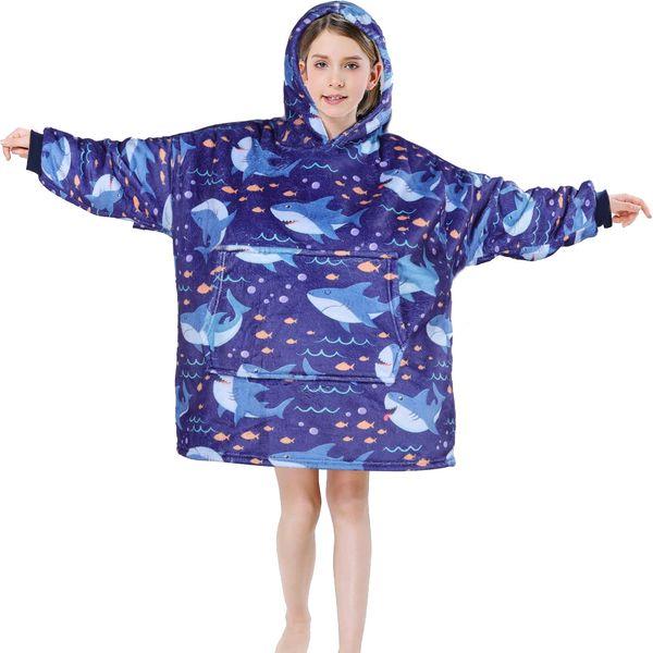Queenshin Shark Wearable Blanket Hoodie,Oversized Sherpa Comfy Sweatshirt for Teens Kids Boys 7-16 Years,Warm Cozy Animal Hooded Body Blanket Blue 1