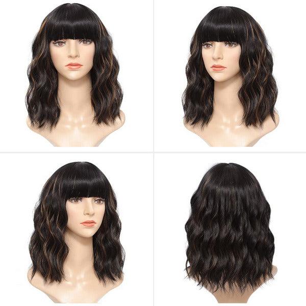 ColorfulPanda Short Bob Wigs for Women Black mixed Brown Highlight Curly Wavy Wigs with Bangs Natural Heat Resistant Fiber for Daily Use and Cosplay 14" 4
